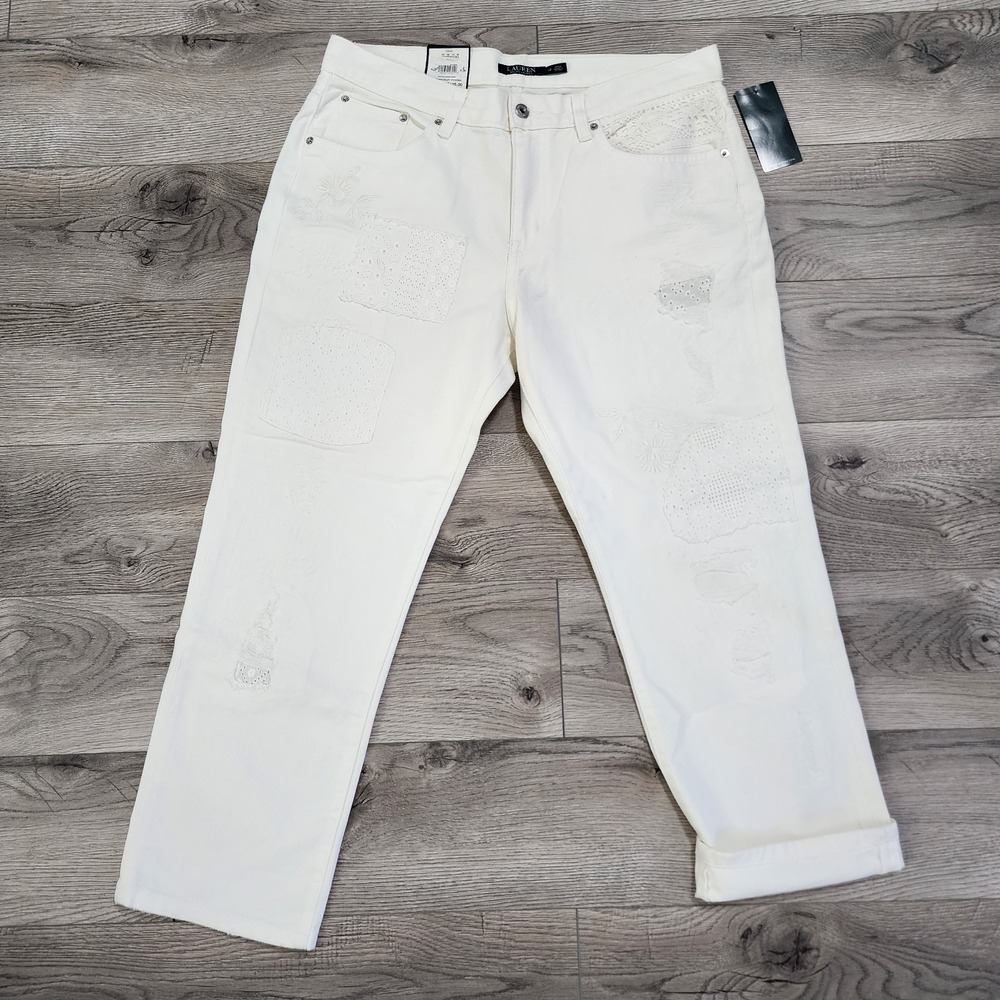 Lauren Ralph Lauren Women's Jeans Eyelet Patchwork Tapered Leg White 12 NWT $125